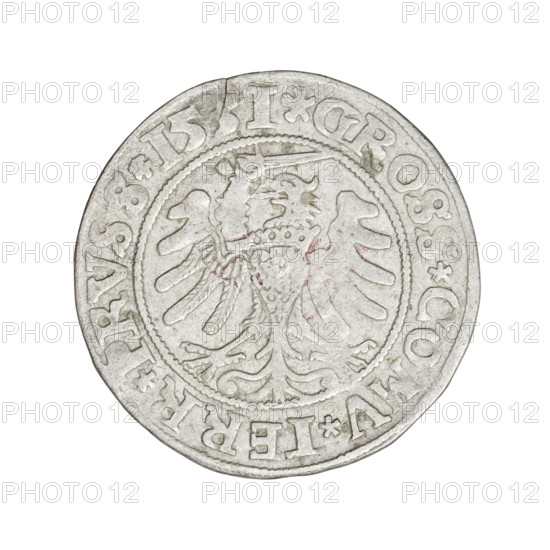 Prussian grosz, Sigismund I the Old (King of Poland, 1506–1548); obverse: crowned male bust in profile turned right, rim between pearl borders inscribed 'SIGIS.I.REX.PO.DO.TOCI.PRV'; reverse: the Eagle of Royal Prussia, rim between pearl borders inscribed 'GROSS.COMV.TERR.PRVSS.1531'; dated 1531; material: coin; diameter ~22.8–23.1 mm; weight 2.08 g.