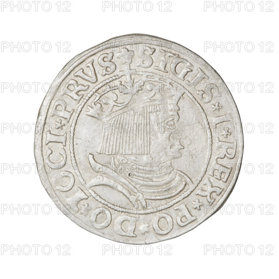 Prussian grosz, Sigismund I the Old (King of Poland; 1506–1548); 1531. Obverse: Crowned male bust in profile turned to the right with inscription in rim: .SIGIS.I.REX.PO.DO.TOCI.PRVS. Reverse: The Eagle of Royal Prussia with inscription in rim: .GROSS.COMV.TERR.PRVS. Materials/function: coin. Place: Torun, Poland. Dimensions: diameter ~23.0–23.2 mm; weight 1.95 g. Subjects/ motifs: eagles, royal bust, Jagiellon dynasty emblems; iconography of Sigismund I; male busts.