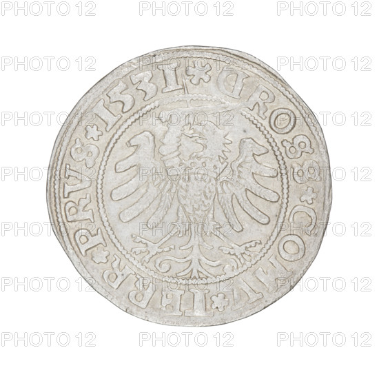 Prussian grosz, Sigismund I the Old (King of Poland; 1506–1548); 1531. Obverse: Crowned royal bust of Sigismund I the Old in profile turned right, with rim inscription .SIGIS.I.REX.PO.DO.TOCI.PRVS. Reverse: The Eagle of Royal Prussia, with rim inscription .GROSS.COMV.TERR.PRVS. Materials: coin. Dimensions: diameter ~23.0–23.2 mm; weight 1.95 g. Subjects/emblems: eagles, royal bust, Jagiellon dynasty iconography, male busts; inscriptions as above.
