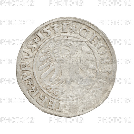 Prussian grosz, Sigismund I the Old (King of Poland; 1506–1548). Obverse: Crowned male bust in profile turned to the right; rim between pearl borders with inscription '.SIGIS.I.REX.PO.DO.' Reverse: The Eagle of Royal Prussia; rim between pearl borders with inscription '.GROSS.C. .TERR.PRVS.1531'. Date: 1531. Place: Torun, Poland. Coin; diameter ~23.4–23.6 mm; weight 1.97 g. Subjects/icons: eagles, Jagiellon dynasty, emblems, royal bust, Sigismund I iconography, male bust.