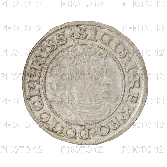 Prussian grosz, Sigismund I the Old (King of Poland; reign 1506–1548). Obverse: Crowned male bust in profile turned to the right; rim inscription: .SIGIS.I.REX.PO.DO.TOCI.PRVSS Rw. Reverse: The Eagle of Royal Prussia; rim inscription: .GROSS.COMV.TERR.PRVSS.153Z. Date: 1532. Place: Torun, Poland. Coin; diameter 23.6–24.0 mm; weight 1.85 g. Subjects/emblems: eagles, Jagiellon dynasty, eagle emblem, royal bust; iconography: Sigismund I the Old; male busts.