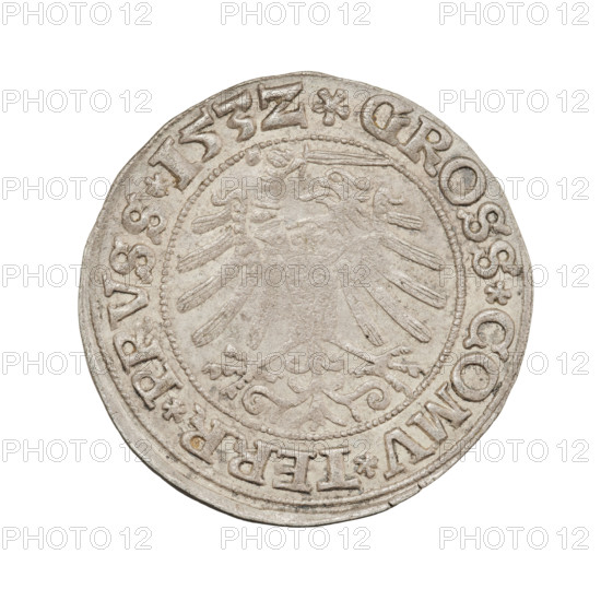 Prussian grosz, Sigismund I the Old (King of Poland; 1506–1548). Silver coin (grosz), 1532, Torun, Poland. Obverse: crowned male bust in profile turned to the right, rim between pearl borders with inscription '.SIGIS.I.REX.PO.DO.TOCI.PRVSSRw.' Reverse: the Eagle of Royal Prussia, rim between pearl borders with inscription '.GROSS.COMV.TERR.PRVSS.153Z.' Diameter ca. 23.6–24.0 mm; weight 1.85 g. Subjects: eagles, Jagiellon dynasty, emblems, royal bust; iconography: Sigismund I the Old; male busts.