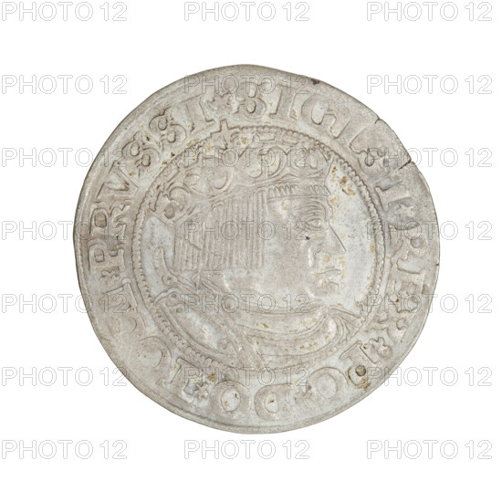 Prussian grosz, Sigismund I the Old (King of Poland; 1506–1548). Obverse: crowned male bust in profile turned to the right; in the rim between the pearl borders an inscription: .SIGIS.I.REX.PO.DO.TOCI.PRVSSI Rw. Reverse: the Eagle of Royal Prussia; in the rim between the pearl borders the inscription: .GROSS.COMV.TERR.PRVSS.153Z. Date: 1532. Place: Torun, Poland. Coin. Diameter 22.8–23.2 mm. Weight 2.1 g. Subjects/keywords: eagles, Polish coins, Jagiellonians (dynasty), emblems, Eagle (emblem), royal bust, iconography, male busts.