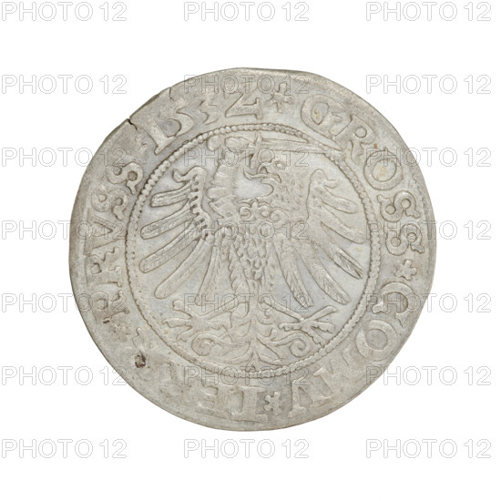 Prussian grosz, Sigismund I the Old (King of Poland; 1506–1548). Obverse: crowned male bust in profile turned to the right; in the rim between the pearl borders an inscription: .SIGIS.I.REX.PO.DO.TOCI.PRVSSI Rw. Reverse: the Eagle of Royal Prussia; in the rim between the pearl borders the inscription: .GROSS.COMV.TERR.PRVSS.153Z. 1532. Poland, Torun. Coin; diameter 22.8–23.2 mm; weight 2.1 g.