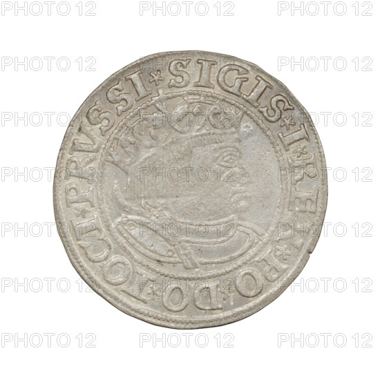Prussian grosz, Sigismund I the Old (King of Poland; 1506–1548). Obverse: Crowned male bust in profile turned to the right; in the rim between the pearl borders an inscription: .SIGIS.I.REX.PO.DO.TOCI.PRVSSI. Reverse: Eagle of Royal Prussia; in the rim between the pearl borders the inscription: .GROSS.COMV.TERR.PRVSS.153Z. 1532. Poland, Torun. Coin; diameter 22.7–23.0 mm; weight 1.9 g.