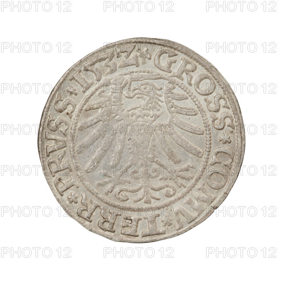 Prussian grosz (1532). Obverse: Crowned male bust of Sigismund I the Old in profile to the right; rim inscription: .SIGIS.I.REX.PO.DO.TOCI.PRVSSI. Reverse: Eagle of Royal Prussia; rim inscription: .GROSS.COMV.TERR.PRVSS.153Z. 1532. Poland, Torun. Coin; diameter 22.7–23.0 mm; weight 1.9 g. Subjects/themes: Sigismund I the Old; royal bust; eagle emblem; Jagiellonian dynasty; Polish coin; male bust; emblems; iconography.