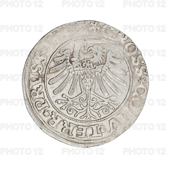Prussian grosz, Sigismund I the Old (King of Poland; 1506–1548); 1532. Coin (Poland, Torun). Obverse: crowned male bust in profile facing right; rim inscription: S.S.REX.PO.DO.TOCI.RVSS Rw. Reverse: The Eagle of Royal Prussia; rim inscription: OSS.CO.V.TERR.PRVSS.1. Diameter ~23.0–23.2 mm; weight 2.02 g. Subjects/emblems: eagles, Polish coins, Jagiellon dynasty, emblems, Eagle (emblem), royal bust; iconography: Sigismund I the Old, male bust.