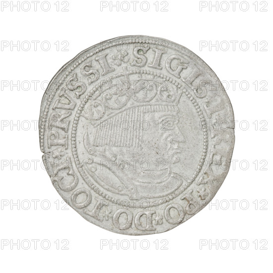 Prussian grosz of Sigismund I the Old (King of Poland, 1506–1548). Obverse: crowned male bust in profile turned to the right; in the rim between pearl borders an inscription: .SIGIS.I.REX.PO.DO.TOCI.PRVSSI Rw. Reverse: the Eagle of Royal Prussia; in the rim between the pearl borders the inscription: .GROSS.COMV.TERR.PRVSS.153Z. Dated 1532. Poland, Torun. Coin; diameter 22.6–23.0 mm; weight 2 g. Subjects/emblems: eagles, Jagiellonian dynasty, emblems, Eagle (emblem), male/royal bust; iconography of Sigismund I the Old.
