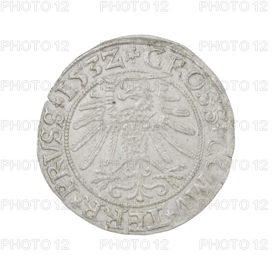 Prussian grosz, Sigismund I the Old (King of Poland; 1506–1548); obverse: crowned male bust in profile turned to the right, in the rim between pearl borders an inscription: .SIGIS.I.REX.PO.DO.TOCI.PRVSSI Rw.; reverse: the Eagle of Royal Prussia, in the rim between the pearl borders the inscription: .GROSS.COMV.TERR.PRVSS.153Z; date: 1532; place: Torun, Poland; coin; diameter 22.6–23.0 mm; weight 2 g; iconography: eagles, royal bust, male bust; dynasty: Jagiellonians; emblems.