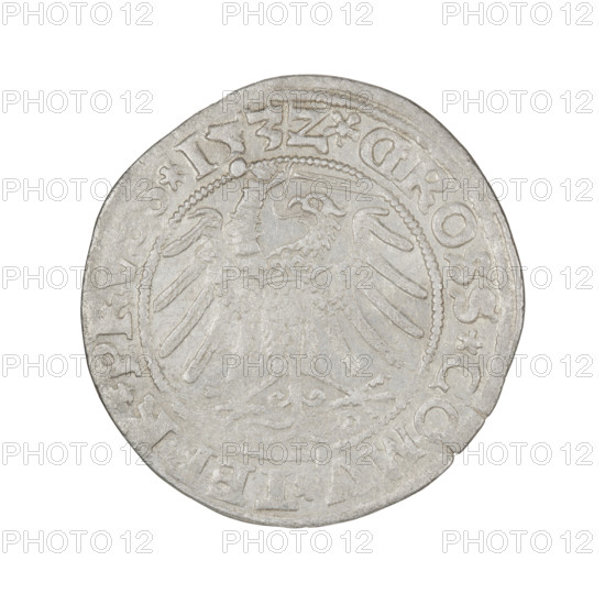 Prussian grosz, Sigismund I the Old (King of Poland; 1506–1548). Obverse: Crowned male bust in profile turned to the right; in the rim between pearly borders an inscription: .SIGIS.I.REX.PO.DO.TOCI. Reverse: The Eagle of Royal Prussia; in the rim between the pearl borders the inscription: .GROSS.COMV.TERR.PR. Date: 1532. Place: Torun, Poland. Coin. Diameter: 22.9–23.5 mm. Weight: 1.8 g. Subjects/ motifs: eagles, Jagiellonians dynasty, emblems, male/royal bust; iconography of Sigismund I the Old (1467–1548).