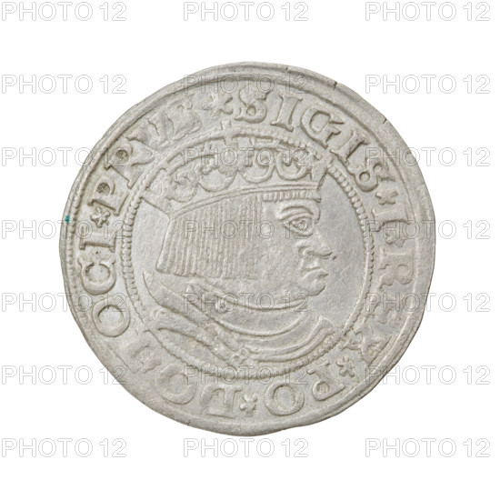 Prussian grosz of Sigismund I the Old (King of Poland; 1506–1548). Obverse: crowned male bust in profile turned to the right; in the rim between pearl borders an inscription: .SIGIS.I.REX.PO.DO.TOCI.PRVS. Reverse: the Eagle of Royal Prussia; in the rim between the pearl borders the inscription: .GROSS.COMV.T, RR.PRV, .153Z. Date: 1532. Place: Torun, Poland. Diameter: ~23.4–23.5 mm. Weight: 1.8 g. Subject/iconography: eagles, emblems, male/royal bust, Jagiellonian dynasty; materials: coin.