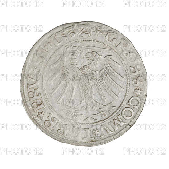 Prussian grosz of Sigismund I the Old (King of Poland, 1506–1548). Obverse: crowned male bust in profile facing right; rim between pearl borders with inscription '.SIGIS.I.REX.PO.DO.TOCI.PRVS'. Reverse: the Eagle of Royal Prussia; rim between pearl borders with inscription '.GROSS.COMV.T, RR.PRV, .153Z'. Date: 1532. Place: Torun, Poland. Coin type: silver grosz. Diameter: ~23.4–23.5 mm. Weight: 1.8 g. Iconography: eagles, royal/male bust, Jagiellonian emblems; inscription and royal portrait of Sigismund I the Old (1467–1548).