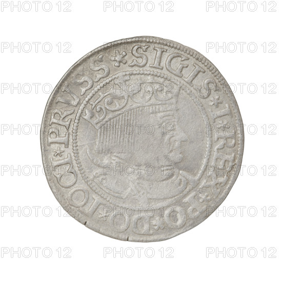 Prussian grosz, Sigismund I the Old (King of Poland; 1506–1548); silver coin (grosz), 1533; diameter ~22.6–23.0 mm, weight 2 g. Obverse: crowned male bust in profile facing right; rim inscription: .SIGIS.I.REX.PO.DO.TOCI.PRVSS Rw. Reverse: Eagle of Royal Prussia; rim inscription: .GROSS.COMV.TERR.PRVSSIE.1533. Subjects/emblems: eagles, royal bust, male bust, Jagiellonian dynasty, emblems; iconography of Sigismund I the Old.