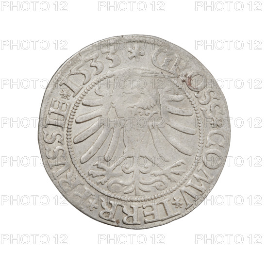 Prussian grosz of Sigismund I the Old (King of Poland, 1506–1548). Obverse: Crowned male bust in profile turned to the right; in the rim between pearly borders an inscription: .SIGIS.I.REX.PO.DO.TOCI.PRVSS Rw. Reverse: The Eagle of Royal Prussia; in the rim between the pearl borders the inscription: .GROSS.COMV.TERR.PRVSSIE.1533. Date: 1533. Place: Torun, Poland. Coin; diameter 22.6–23.0 mm; weight 2 g. Subjects/emblems: eagles, Jagiellonian dynasty, emblems, male/royal bust; iconography of Sigismund I the Old (1467–1548).