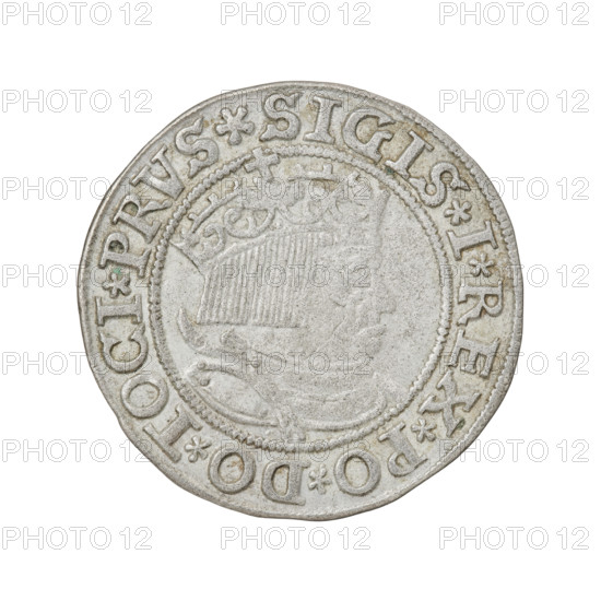 Prussian grosz, Sigismund I the Old (King of Poland; 1506–1548). Obverse: Crowned male bust in profile turned to the right; in the rim between pearl borders an inscription: .SIGIS.I.REX.PO.DO.TOCI.PRVS. Reverse: The Eagle of Royal Prussia; in the rim between the pearl borders the inscription: .GROSS.COMV.TERR.PRVSSIE.1533. 1533. Poland, Torun. Coin; diameter 23.0–23.4 mm; weight 2.04 g. Subjects: eagles, Polish coins, Jagiellonian dynasty emblems, eagle emblem, male/royal bust; iconography of Sigismund I the Old (1467–1548).