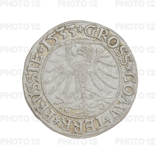 Prussian grosz, Sigismund I the Old (King of Poland; 1506–1548); obverse: crowned male bust in profile turned to the right, in the rim between pearl borders an inscription: .SIGIS.I.REX.PO.DO.TOCI.PRVS; reverse: The Eagle of Royal Prussia, in the rim between the pearl borders the inscription: .GROSS.COMV.TERR.PRVSSIE.1533; dated 1533; iconography includes eagles, emblems, royal bust, male busts; material: coin (Poland, Torun); diameter 23.0–23.4 mm; weight 2.04 g.