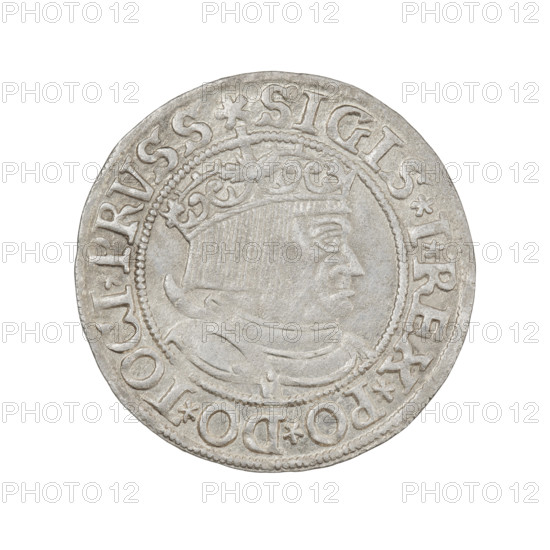 Prussian grosz, Sigismund I the Old (King of Poland; 1506–1548). Obverse: Crowned male bust in profile turned to the right; rim inscription: .SIGIS.I.REX.PO.DO.TOCI.PRVSS Rw. Reverse: The Eagle of Royal Prussia; rim inscription: .GROSS.COMV.TERR.PRVSSIE.1533. Date: 1533. Place: Torun, Poland. Coin; diameter 23.0–23.2 mm; weight 1.97 g. Subjects/emblems: eagles, royal bust, male busts; dynasty: Jagiellonians; style/iconography: Sigismund I the Old – iconography.