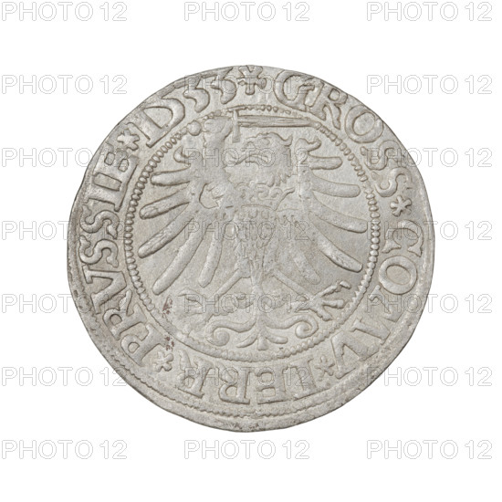 Prussian grosz (1533) depicting Sigismund I the Old (King of Poland, 1506–1548). Obverse: crowned male bust in profile facing right with rim inscription '.SIGIS.I.REX.PO.DO.TOCI.PRVSS Rw.' Reverse: the Eagle of Royal Prussia with rim inscription '.GROSS.COMV.TERR.PRVSSIE.1533.' Coin, Torun, Poland; diameter ~23.0–23.2 mm, weight 1.97 g.