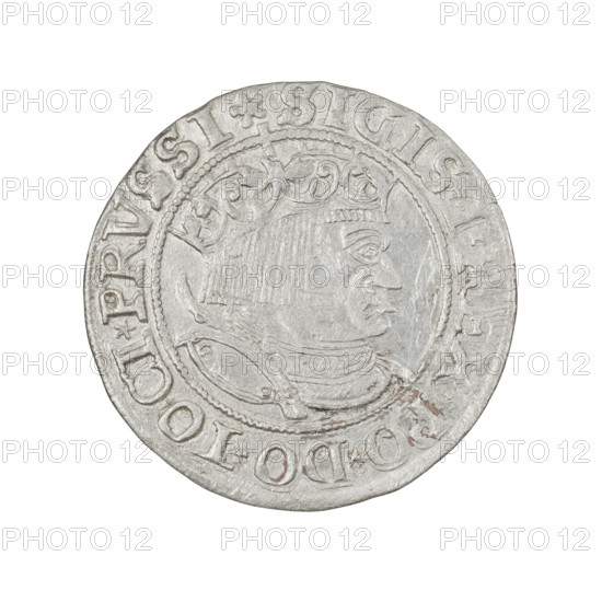 Prussian grosz, Sigismund I the Old (King of Poland; 1506–1548). Obverse: Crowned male bust in profile turned to the right; in the rim between pearl borders an inscription: .SIGIS.I.REX.PO.DO.TOCI.PRVSSI Rw. Reverse: The Eagle of Royal Prussia; in the rim between the pearl borders the inscription: .GROSS.COMV.TERR.PRVSS.1533. 1533. Poland, Torun. Coin; diameter 22.5–22.8 mm; weight 1.8 g.