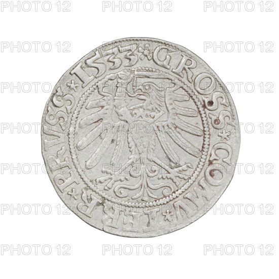 Prussian grosz, Sigismund I the Old (King of Poland; 1506–1548). Obverse: crowned male bust in profile turned right; in rim between pearl borders an inscription: .SIGIS.I.REX.PO.DO.TOCI.PRVSSI Rw. Reverse: the Eagle of Royal Prussia; in rim between pearl borders the inscription: .GROSS.COMV.TERR.PRVSS.1533. Dated 1533. Poland, Torun. Coin; diameter 22.5–22.8 mm; weight 1.8 g.