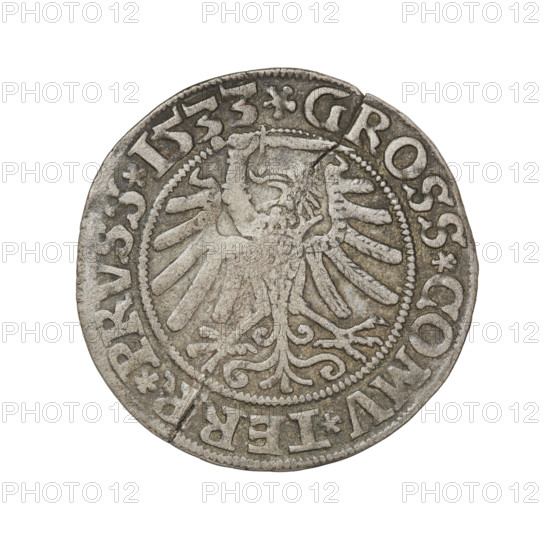 Prussian grosz, Sigismund I the Old (King of Poland; 1506–1548). Obverse: Crowned male bust in profile turned to the right; in the rim between pearly borders an inscription: .SIGIS.I.REX.PO.DO.TOCI.PRVSS Rw. Reverse: The Eagle of Royal Prussia; in the rim between the pearl borders the inscription: .GROSS.COMV.TERR.PRVSS. 1533. Poland, Torun; coin; diameter 23.0 mm; weight 1.89 g.