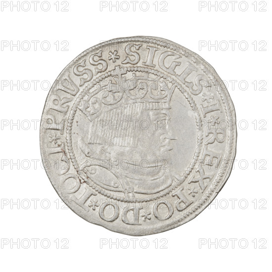 Prussian grosz, Sigismund I the Old (King of Poland; 1506–1548). Obverse: Crowned male bust in profile turned to the right; in the rim between pearly borders an inscription: .SIGIS.I.REX.PO.DO.TOCI.PRVSS Rw. Reverse: The Eagle of Royal Prussia; in the rim between the pearl borders the inscription: .GROSS.COMV.TERR.PRVSSIE.1533. 1533. Poland, Torun. Coin; diameter 23.0–23.3 mm; weight 1.77 g. Keywords: eagles, Polish coins, Jagiellonians (dynasty), emblems, Eagle (emblem), male/royal bust, Sigismund I the Old — iconography.