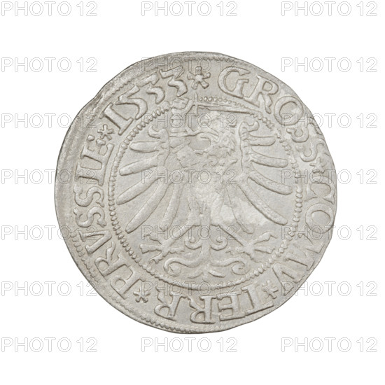 Prussian grosz, Sigismund I the Old (King of Poland; 1506–1548); 1533. Obverse: crowned male bust in profile turned right; rim between pearly borders with inscription '.SIGIS.I.REX.PO.DO.TOCI.PRVSS Rw.' Reverse: the Eagle of Royal Prussia; rim between pearly borders with inscription '.GROSS.COMV.TERR.PRVSSIE.1533'. Materials: silver coin; diameter ~23.0–23.3 mm; weight 1.77 g. Subjects/emblems: eagles, royal bust, Jagiellonian dynasty iconography; inscriptions and emblems relate to Sigismund I the Old.