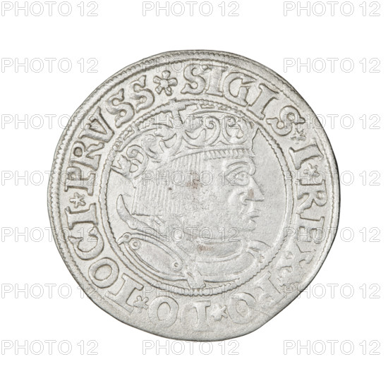 Prussian grosz, Sigismund I the Old (King of Poland; reign 1506–1548). Obverse: Crowned male bust in profile turned to the right, in the rim between pearly borders an inscription: .SIGIS.I.RE, PO.DO.TOCI.PRVSS Rw. Reverse: The Eagle of Royal Prussia, in the rim between the pearl borders the inscription: .GROSS.COMV.TERR.PRVSS.1533. Date: 1533. Place: Torun, Poland. Coin; diameter ~23.2–23.4 mm; weight 1.92 g. Subjects/emblems: eagles, Jagiellonian dynasty, royal bust, inscriptions; style: numismatic portraiture/iconography of Sigismund I the Old.