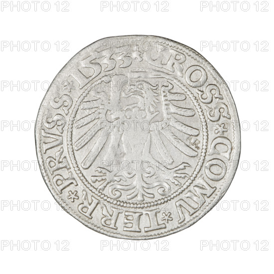 Prussian grosz of Sigismund I the Old (King of Poland, 1506–1548), 1533. Obverse: Crowned male bust in profile turned to the right; rim between pearly borders inscribed '.SIGIS.I.RE, PO.DO.TOCI.PRVSS Rw.' Reverse: The Eagle of Royal Prussia; rim between pearl borders inscribed '.GROSS.COMV.TERR.PRVSS.1533'. Subject/emblems: eagles, royal bust, male bust, Jagiellonian dynasty iconography. Coin (Torun, Poland); diameter ca. 23.2–23.4 mm; weight 1.92 g.
