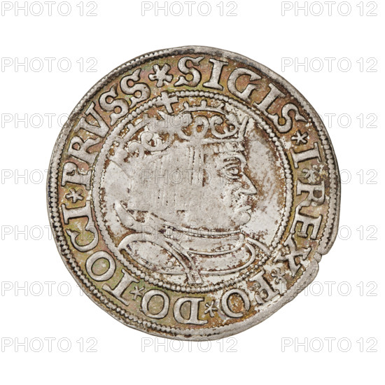 Prussian grosz, Sigismund I the Old (King of Poland; 1506–1548). Obverse: crowned male bust in profile turned to the right; in the rim between pearly borders an inscription: .SIGIS.I.REX.PO.DO.TOCI.PRVSS Rw. Reverse: the Eagle of Royal Prussia; in the rim between the pearly borders the inscription: .GROSS.COMV.TERR.PRVSSIE.1534. Date: 1534. Place: Torun, Poland. Coin; diameter 23.4–23.9 mm; weight 1.95 g. Subjects/attributes: eagles, emblems, male/royal bust, Jagiellonian iconography, inscriptions.