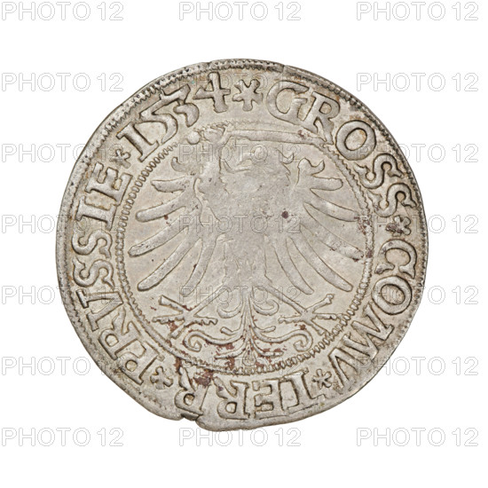 Prussian grosz, Sigismund I the Old (King of Poland; 1506–1548); 1534; obverse: crowned male bust in profile turned right with rim inscription '.SIGIS.I.REX.PO.DO.TOCI.PRVSS Rw.'; reverse: the Eagle of Royal Prussia with rim inscription '.GROSS.COMV.TERR.PRVSSIE.1534'; coin from Torun, Poland; diameter approx. 23.4–23.9 mm; weight 1.95 g.