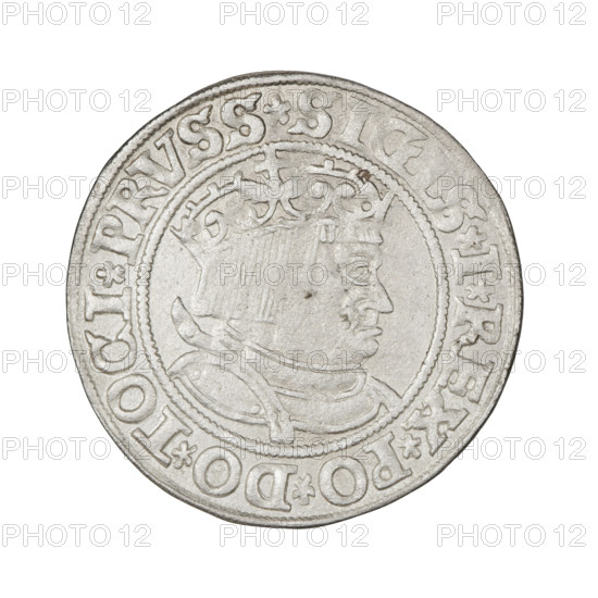 Prussian grosz of Sigismund I the Old (King of Poland, 1506–1548). Obverse: Crowned male royal bust in profile facing right; in the rim between pearly borders an inscription: .SIGIS.I.REX.PO.DO.TOCI.PRVSS Rw. Reverse: The Eagle of Royal Prussia; in the rim between the pearly borders the inscription: .GROSS.COMV.TERR.PRVSSIE.1534. Date: 1534. Mint: Torun, Poland. Coin; diameter 23.7–23.8 mm; weight 1.89 g. Subjects/iconography: eagles, Jagiellonian dynasty emblems, royal/male bust, Sigismund I iconography.