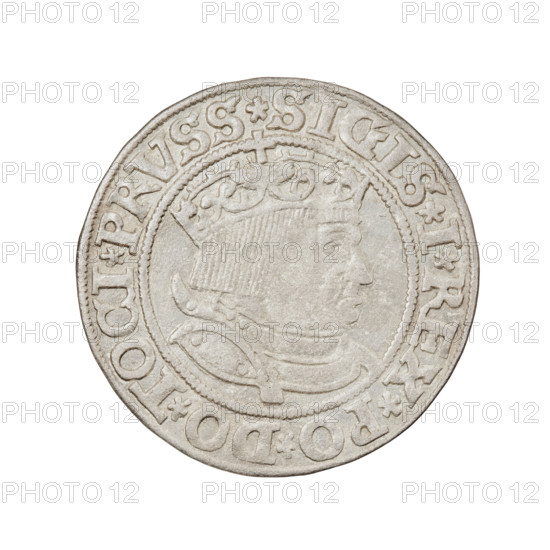 Prussian grosz of Sigismund I the Old (King of Poland, 1506–1548). Obverse: crowned male bust in profile facing right; rim inscription: .SIGIS.I.REX.PO.DO.TOCI.PRVSS Rw. Reverse: the Eagle of Royal Prussia; rim inscription: .GROSS.COMV.TERR.PRVSSIE.1534. Dated 1534. Coin from Torun, Poland; diameter 23.0 mm, weight 1.85 g.