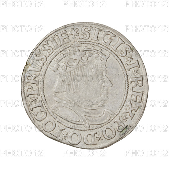 Prussian grosz, Sigismund I the Old (King of Poland; 1506–1548). Silver coin (grosz), 1534. Obverse: crowned male bust in profile turned right; rim inscription: .SIGIS.I.REX.PO.DO.TOCI.PRVSSIE Rw. Reverse: the Eagle of Royal Prussia; rim inscription: .GROSS.COMV.TERR.PRVSSIE.1534. Diameter ~23.0–23.8 mm; weight 1.92 g. Subjects/emblems: eagles, Jagiellonian dynasty, royal bust; iconography of Sigismund I the Old.