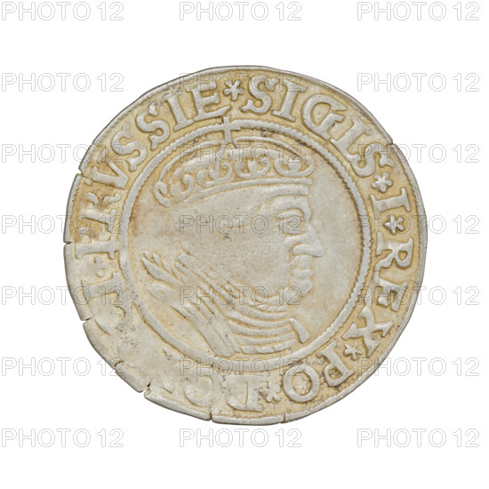 Prussian grosz of Sigismund I the Old (King of Poland; 1506–1548). Obverse: Crowned male bust in profile facing right with rim inscription '.SIGIS.I.REX.PO.DO.' Reverse: The Eagle of Royal Prussia with rim inscription '.OSS.COMV.TERR.PRVSSIE.1534.' Date: 1534. Place: Torun, Poland. Coin. Diameter 23.0–23.3 mm. Weight 1.97 g. Subjects/emblems: eagles, royal bust, Jagiellonian dynasty, emblems; iconography: Sigismund I the Old (1467–1548).