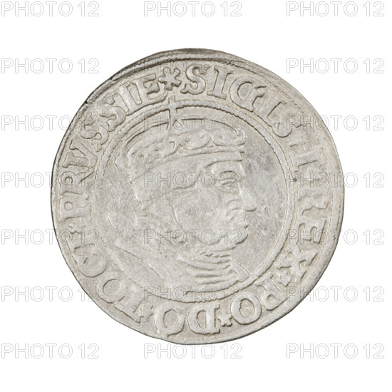 Prussian grosz, Sigismund I the Old (King of Poland; 1506–1548); obverse: crowned male bust in profile turned right, in rim between pearly borders an inscription: .SIGIS.I.REX.PO.DO.TOCI.PRVSSIE Rw.; reverse: the Eagle of Royal Prussia, in rim between pearl borders the inscription: .GROSS.COMV.TERR.PRVSSIE.1534; dated 1534; Polish, minted in Torun; coin; diameter 23.5–23.8 mm; weight 2.04 g; iconography includes eagles, emblems, royal/male bust, Jagiellonian dynasty.