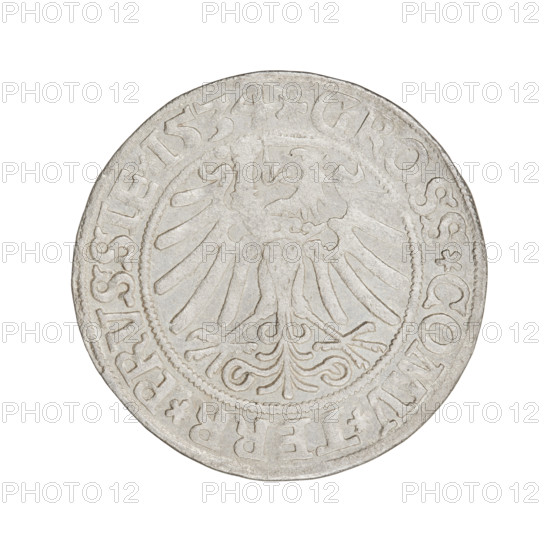 Prussian grosz, Sigismund I the Old (King of Poland; 1506–1548); 1534. Obverse: Crowned male bust in profile turned to the right; rim inscription: .SIGIS.I.REX.PO.DO.TOCI.PRVSSIE. Reverse: The Eagle of Royal Prussia; rim inscription: .GROSS.COMV.TERR.PRVSSIE. Materials: coin; diameter ~23.5–23.8 mm; weight 2.04 g. Subjects/emblems: eagles, royal bust, male bust; dynasty: Jagiellonians; iconography of Sigismund I the Old.