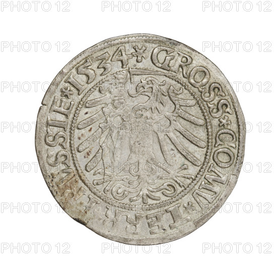 Prussian grosz, Sigismund I the Old (King of Poland; 1506–1548). Obverse: crowned male bust in profile turned to the right; in the rim between pearl borders an inscription: .SI, IS.I.REX.PO.DO.TOCI.PRVSSIE. Reverse: the Eagle of Royal Prussia; in the rim between the pearl borders the inscription: .GROSS.COMV.TERR.PRVSSIE. Dated 1534. Poland, Torun. Coin; diameter 24.0–24.2 mm; weight 1.9 g.