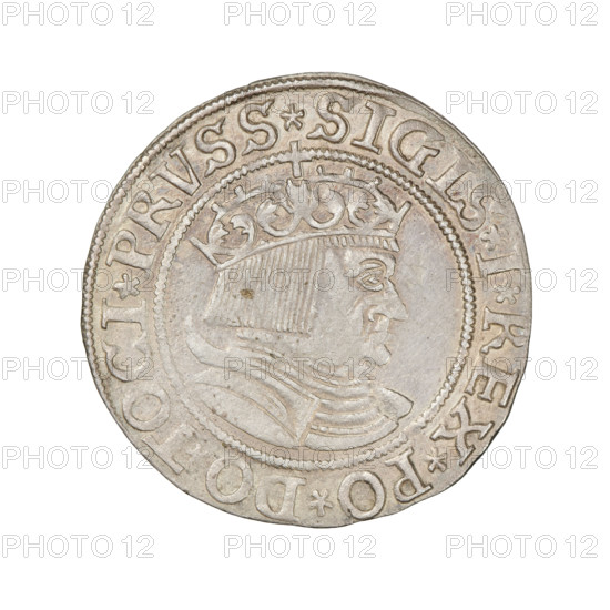 Prussian grosz, Sigismund I the Old (King of Poland; 1506–1548). Obverse: Crowned male bust in profile turned to the right; rim inscription: .SIGIS.I.REX.PO.DO.TOCI.PRVSS Rw. Reverse: The Eagle of Royal Prussia; rim inscription: .GROSS.COMV.TERR.PRVSSIE.1533. Dated 1533. Poland, Torun; coin; diameter 23.0 mm; weight 1.9 g.