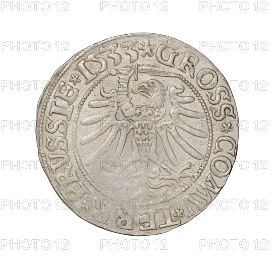 Prussian grosz of Sigismund I the Old (King of Poland, 1506–1548), 1533. Obverse: Crowned male bust in profile facing right; rim inscription: .SIGIS.I.REX.PO.DO.TOCI.PRVSS Rv: The Eagle of Royal Prussia; rim inscription: .GROSS.COMV.TERR.PRVSSIE.1533. Coin from Torun, Poland; diameter 23.0 mm, weight 1.9 g. Subjects/emblems: eagles, Polish coins, Jagiellonian dynasty, emblems, eagle emblem, male/royal bust; iconography of Sigismund I the Old (1467–1548).