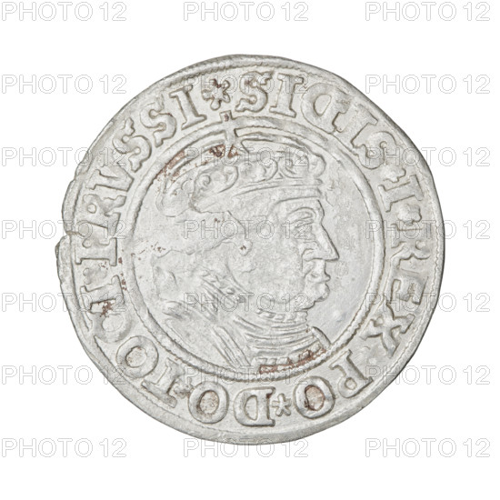 Prussian grosz, Sigismund I the Old (King of Poland; 1506–1548); obverse: crowned male bust in profile facing right with rim inscription '.SIGIS.I.REX.PO.DO.TOCI.PRVSSI Rw.'; reverse: The Eagle of Royal Prussia with rim inscription '.GROSS.COMV.TERR.PRVSSIE.1535'; dated 1535, Torun, Poland; coin; diameter 24.0 mm; weight 1.84 g.