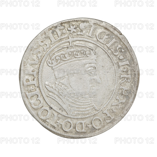 Prussian grosz (1535) depicting Sigismund I the Old (King of Poland, 1506–1548). Obverse: crowned male bust in profile turned to the right; rim inscription: .SIGIS.I.REX.PO.DO.TOCI.P. Reverse: the Eagle of Royal Prussia; rim inscription: .GROSS.COMV.ERR.PRVSSIE.1535. Coin from Torun, Poland. Diameter ~23.8–24.6 mm; weight 1.9 g.