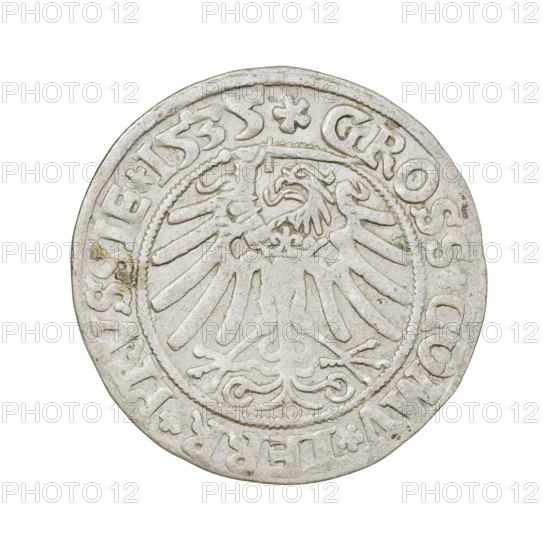 Prussian grosz, Sigismund I the Old (King of Poland; 1506–1548); silver coin (grosz), 1535. Obverse: crowned male bust in profile facing right; rim inscription: .SIGIS.I.REX.PO.DO.TOCI.PRVSSI Rw. Reverse: Eagle of Royal Prussia; rim inscription: .GROSS.COMV.TERR.PRVSSIE.1535. Attributes: eagles, emblems, royal/male bust, Jagiellonian dynasty iconography; diameter ~23.6–23.8 mm; weight 2.07 g; mint: Torun, Poland.