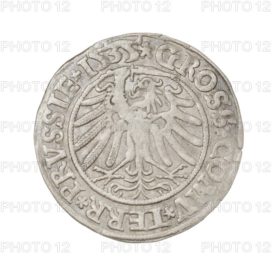 Prussian grosz (1535) depicting Sigismund I the Old (King of Poland, 1506–1548). Obverse: Crowned male bust in profile turned to the right; in rim between pearly borders inscription: .SIGIS.I.REX.PO.DO.TOCI.PRVSSIE Rw. Reverse: The Eagle of Royal Prussia; in rim between pearl borders inscription: .GROSS.COMV.TERR.PRVSSIE. Materials and specs: coin from Torun, Poland; diameter ~23.8–24.0 mm; weight 1.9 g. Subjects/emblems: eagles, royal bust, Jagiellonian dynasty iconography; inscriptions as above.