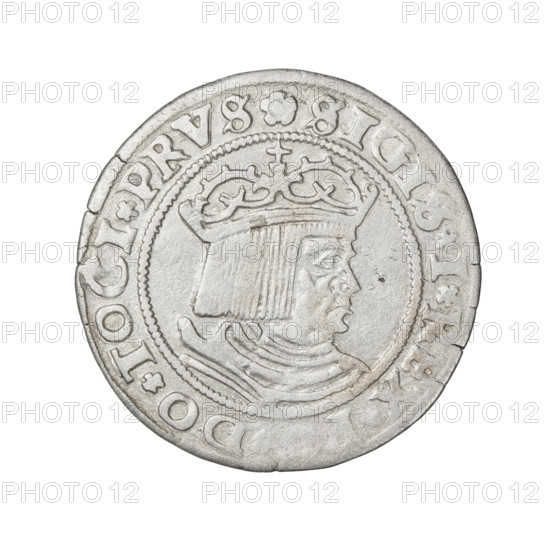 Prussian grosz, Sigismund I the Old (King of Poland; 1506–1548). Obverse: Crowned male bust in profile turned to the right; in the rim between pearly borders an inscription: .SIGIS.I.REX., .DO.TOCI.PRVS. Reverse: Eagle of Royal Prussia; in the rim between pearly borders the inscription: .GROSS.COMV.T, R.PRVSS. 1529. Poland, Torun. Coin; diameter 22.6–23.0 mm; weight 2.07 g.
