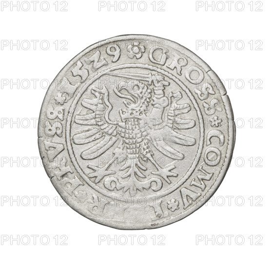 Prussian grosz, Sigismund I the Old (King of Poland; 1506–1548); silver coin (grosz), 1529. Obverse: crowned male bust in profile turned to the right, rim between pearly borders with inscription '.SIGIS.I.REX.' Reverse: Eagle of Royal Prussia, rim between pearly borders with inscription '.GROSS.COMV.T R.PRVSS.15Z9'. Diameter ~22.6–23.0 mm; weight 2.07 g. Subjects/themes: eagles, Polish coins, Jagiellonian dynasty emblems, Eagle (emblem), male royal bust; iconography of Sigismund I the Old (1467–1548).