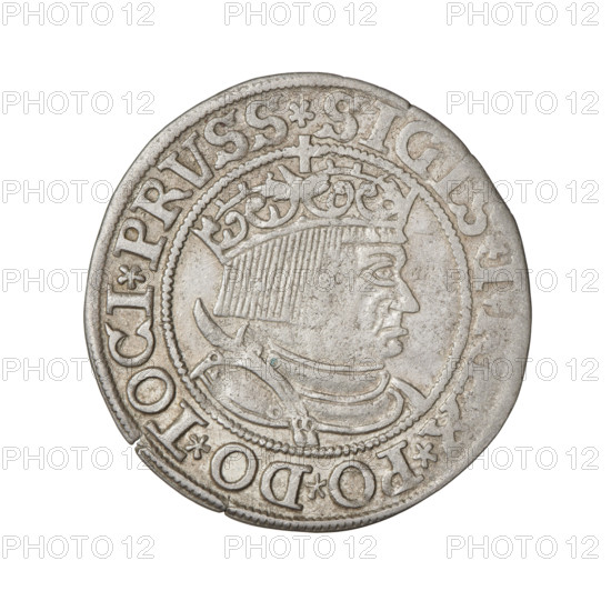 Prussian grosz (1533) of Sigismund I the Old (King of Poland, 1506–1548). Obverse: crowned male bust in profile turned right, inscription in rim between beaded borders: .SIGIS.I., X.PO.DO.TOCI.PRVSS Rw. Reverse: Eagle of Royal Prussia, inscription in rim between beaded borders: .GROSS., MV.TERR.PRVSSIE.1533. Coin from Torun, Poland; diameter ~22.5–23.0 mm; weight 2.03 g.
