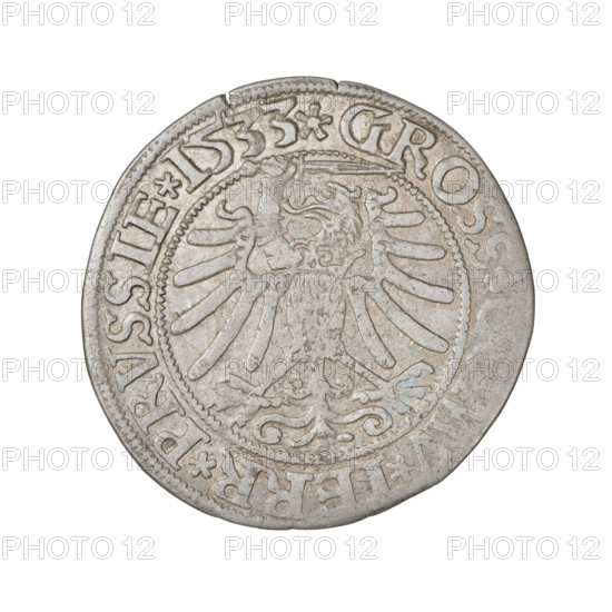 Prussian grosz, Sigismund I the Old (King of Poland; 1506–1548); obverse: crowned male bust in profile turned right with rim inscription '.SIGIS.I., X.PO.DO.TOCI.PRVSS'; reverse: Eagle of Royal Prussia with rim inscription '.GROSS., MV.TERR.PRVSSIE.1533'; date 1533; iconography: eagles, royal/male bust, Jagiellonian dynasty emblems; coin (Poland, Torun), diameter ~22.5–23.0 mm, weight 2.03 g.