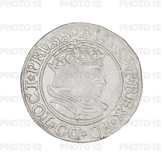 Prussian grosz, Sigismund I the Old (King of Poland, 1506–1548); obverse: crowned male bust in profile turned to the right, rim inscription: .I.REX.PO.DO.TOCI.PRVSS; reverse: the Eagle of Royal Prussia, rim inscription: .GRO, MV.TERR.PRVSSIE.1533; dated 1533; motifs: eagles, royal/male bust, Jagiellonian dynasty emblems; material: coin; place: Torun, Poland; diameter ca. 22.8–23.0 mm; weight 1.95 g.