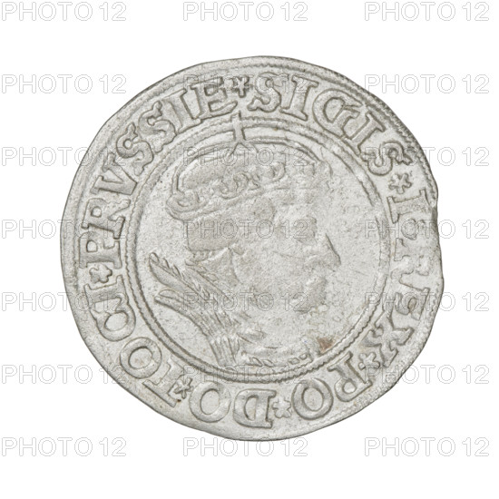 Prussian grosz (1535) depicting Sigismund I the Old (King of Poland, 1506–1548). Obverse: crowned male bust in profile turned to the right; rim inscription: .SIGIS.I.REX.PO.DO.TOCI.PRVSSIE. Reverse: the Eagle of Royal Prussia; rim inscription: .GROSS.COMV.TERR.PRVSSIE. Coin details: Torun, Poland; diameter 23.6–24.0 mm; weight 1.9 g.